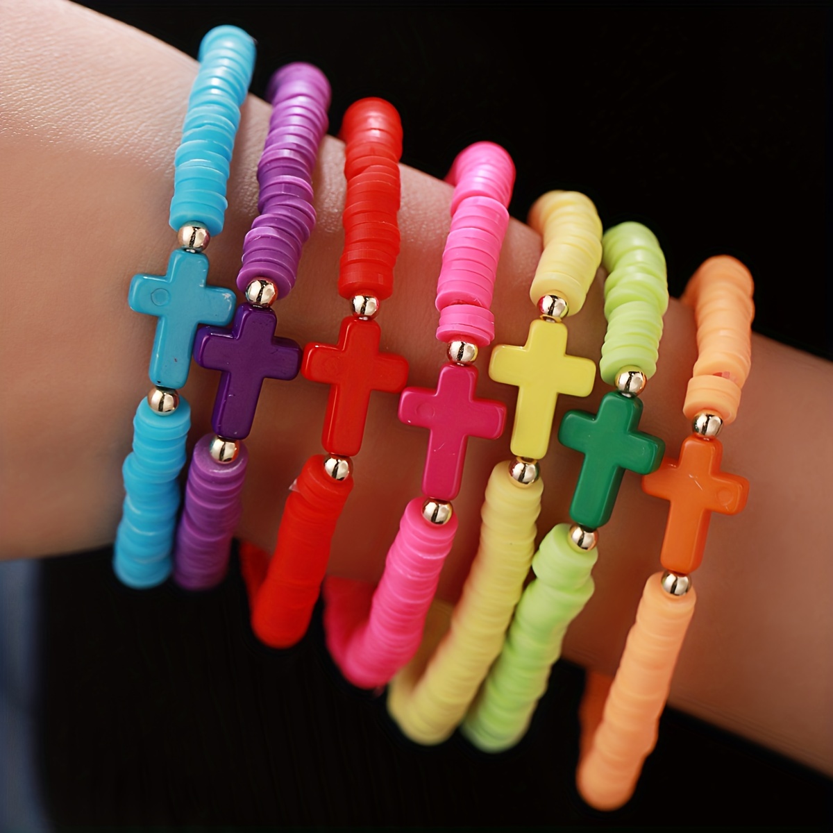 Boho 7pcs Polymer Clay Bracelet Set with Cross Charm - Colorful Beaded Elastic